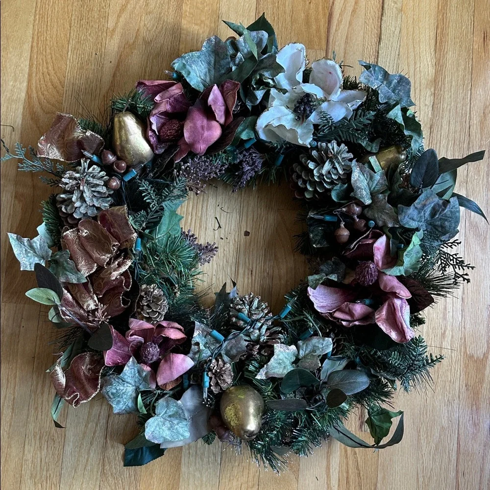 Handcrafted Gold and Mauve Pink Holiday Wreath